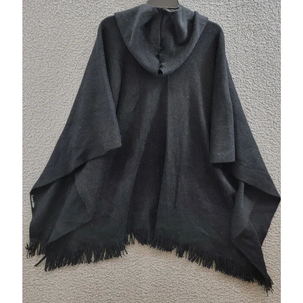 Calvin Klein Knit Hooded Cardigan Sweater Women's One Size Black Fringe Trim - Picture 12 of 15